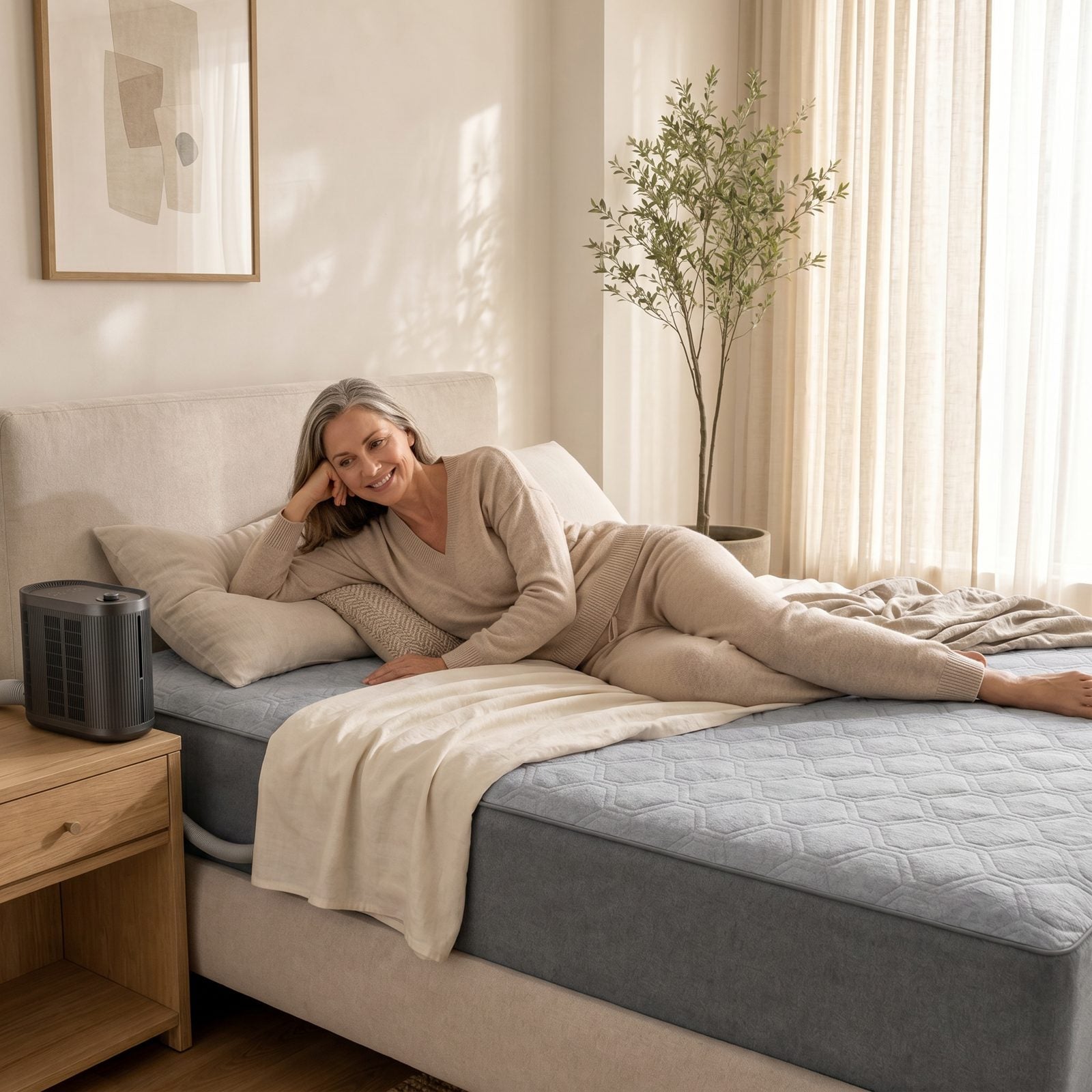 A woman resting comfortably on her cooling mattress pad