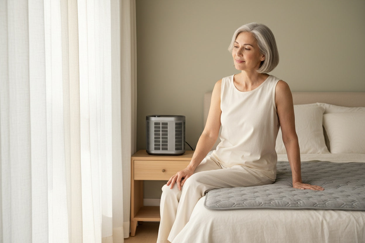 A woman in her fifties relaxed on her bed with the Wellnest Haven cooling mattress pad and the cooling hub on the nightstand