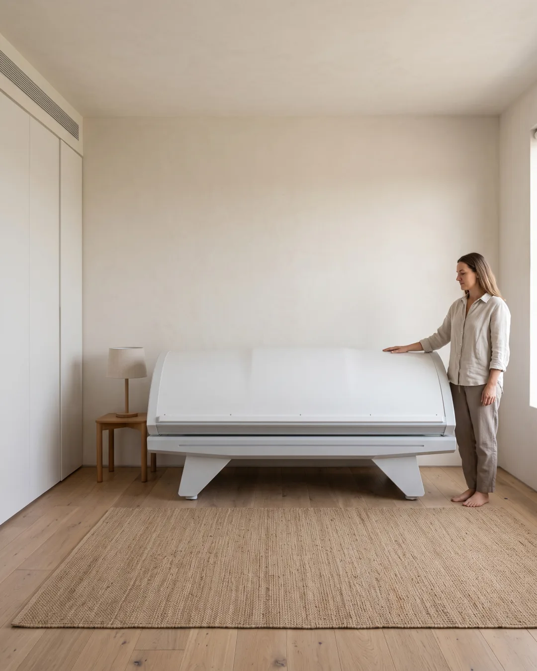 The Home Bed set up in a spare room, canopy open and lit.