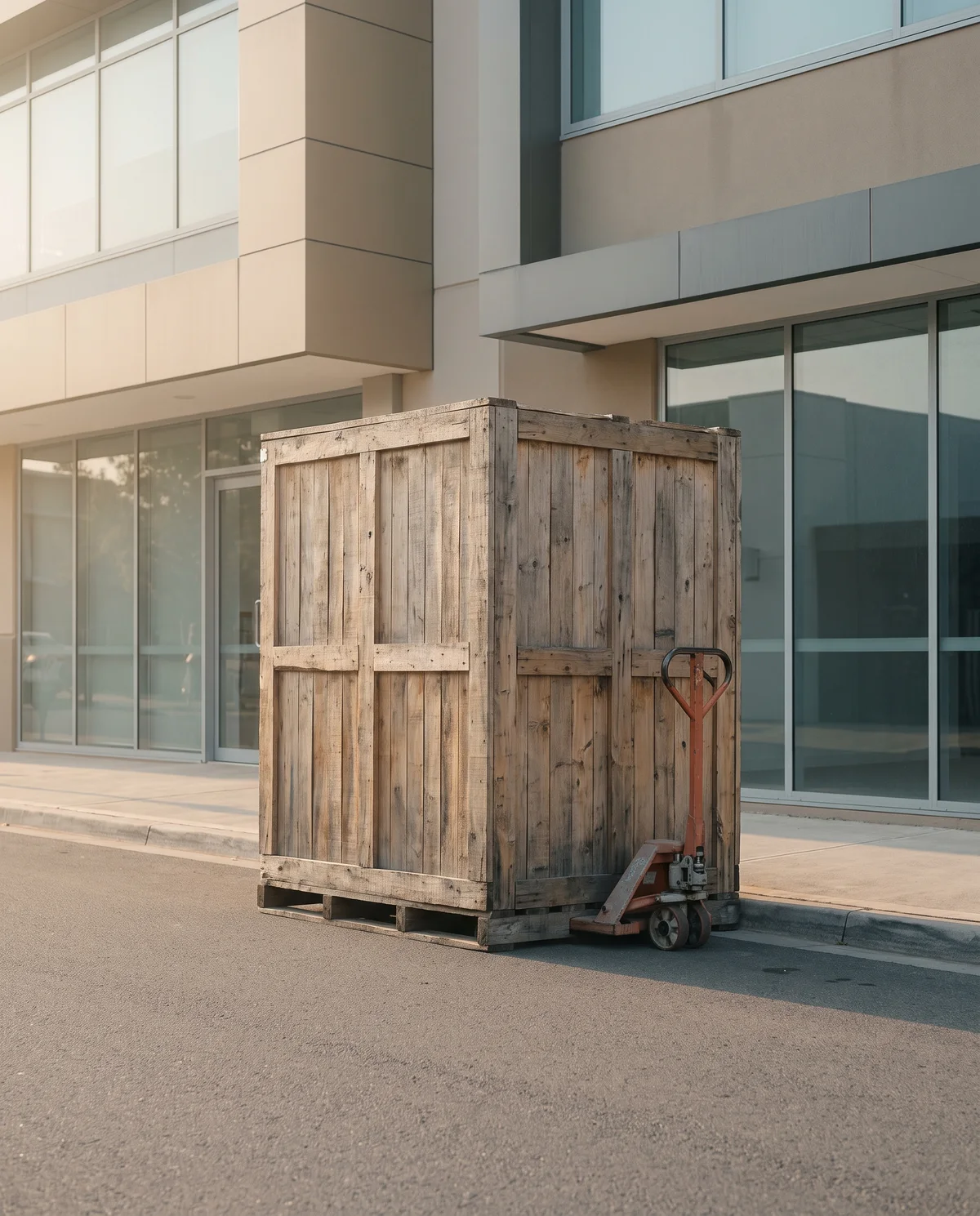 The crated cabin at the kerb outside a clinic on delivery day.