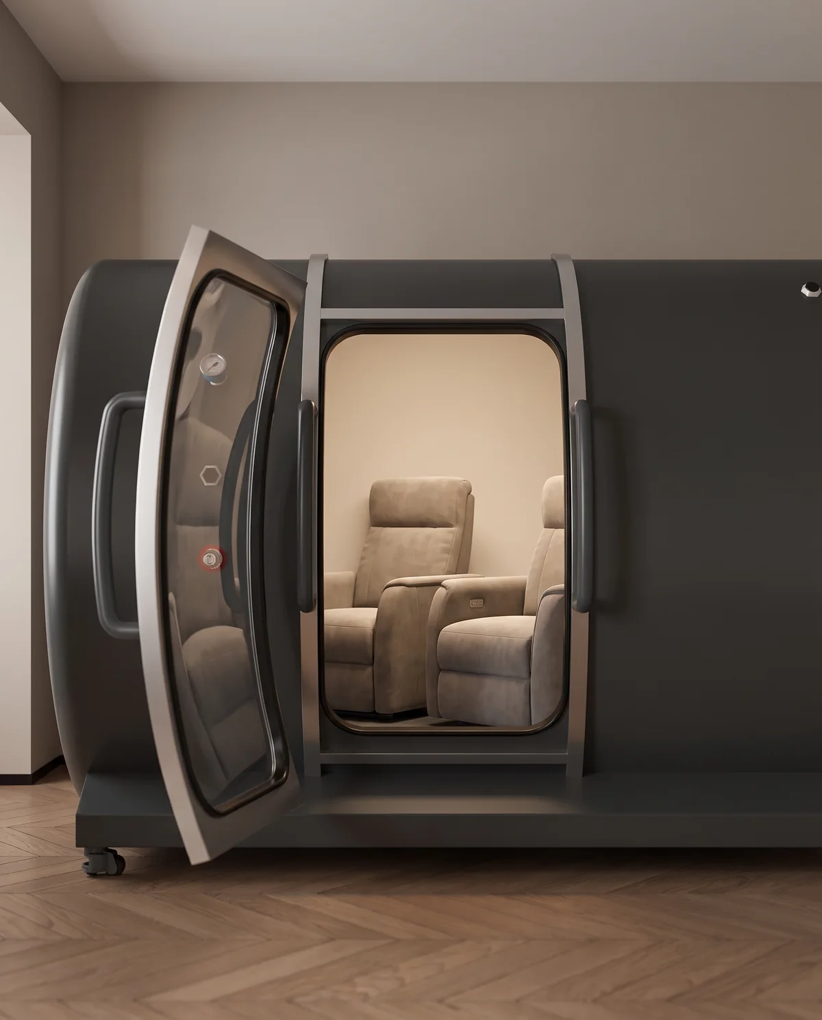 The two seats side by side inside the cabin, door open.