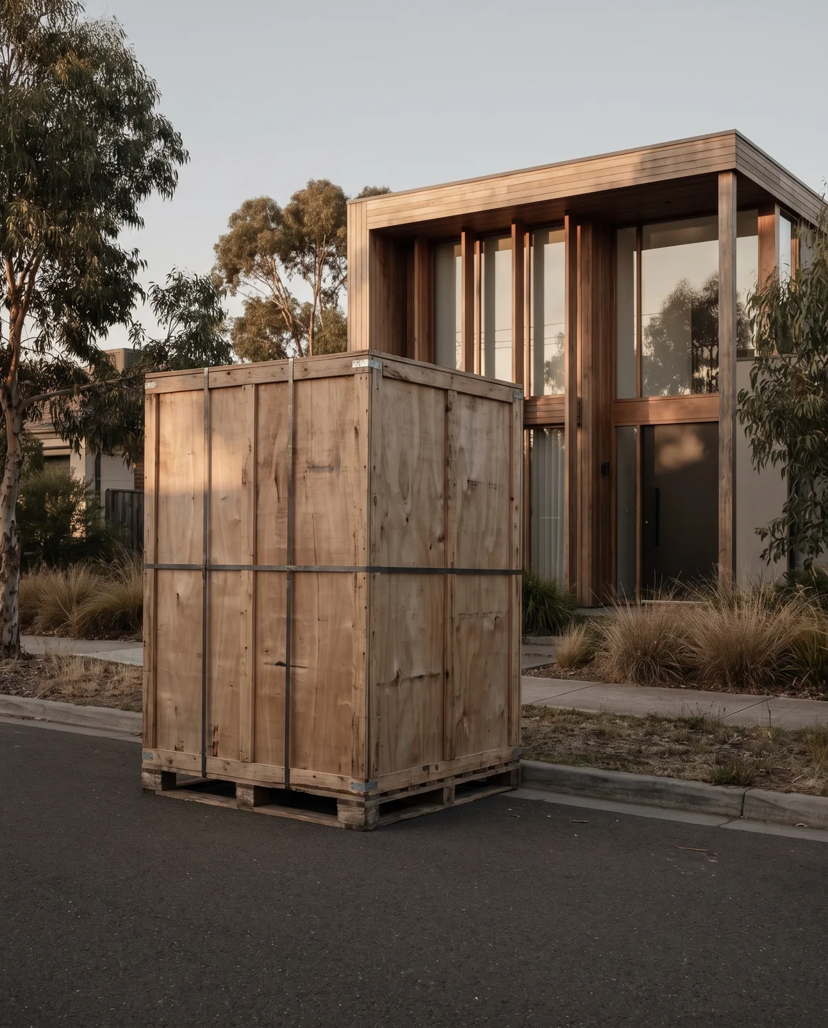 The crated pod at the kerb on delivery day.