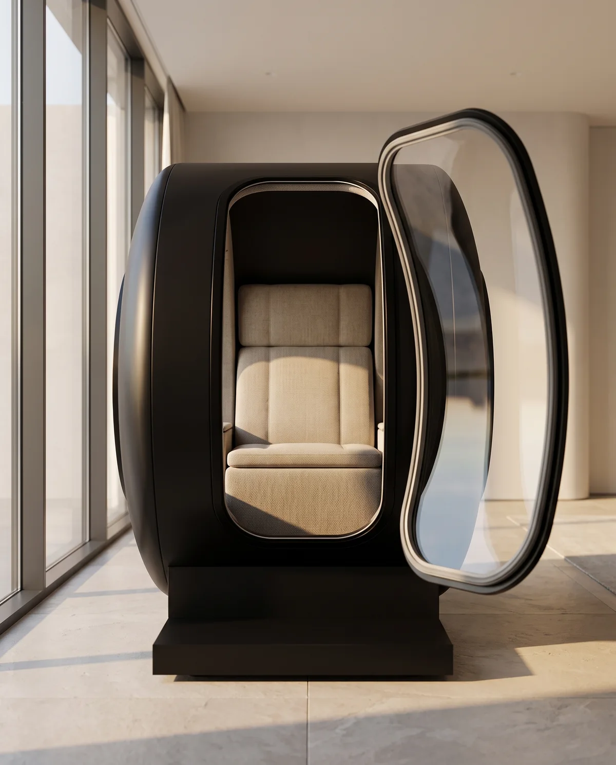 The ring pod with its glass door open, seat inside.