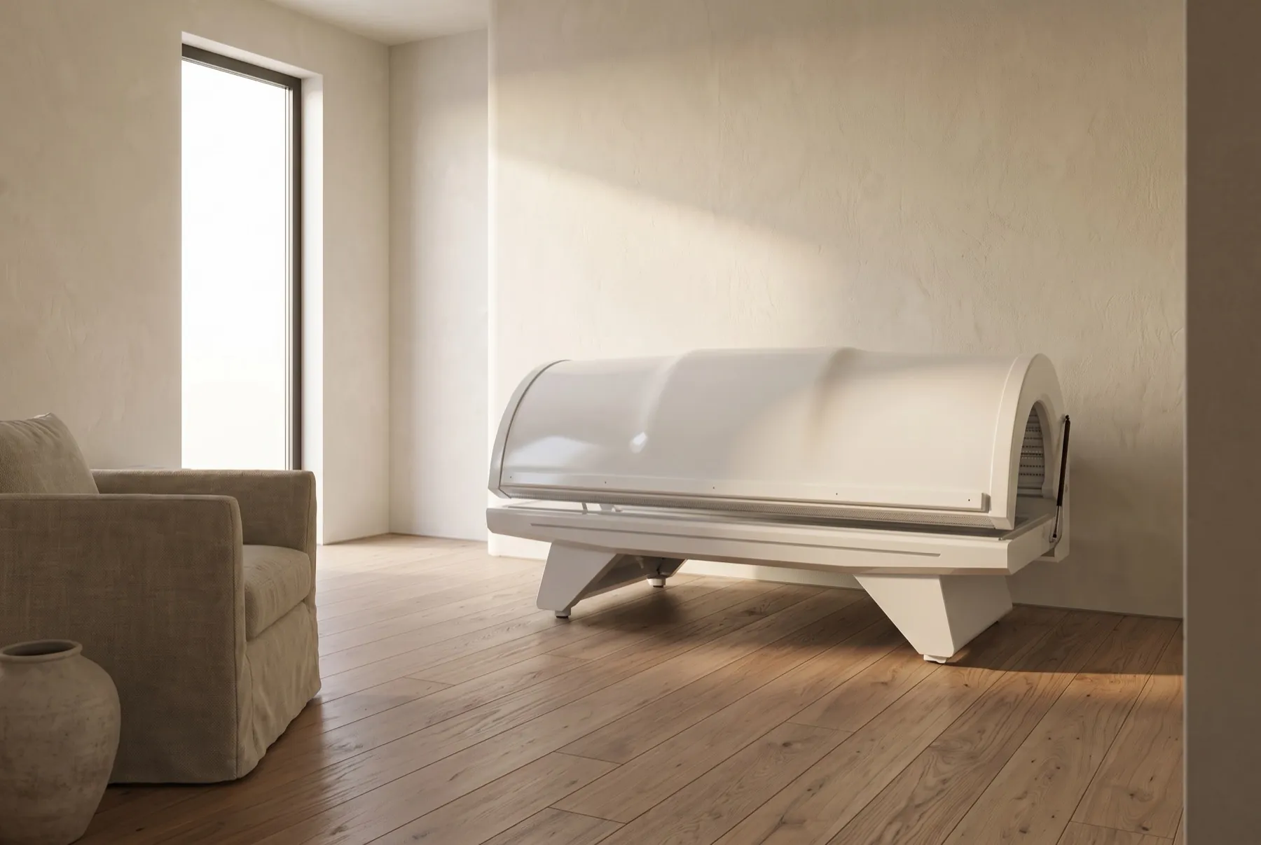 The Home Bed closed, in a plaster-walled living room with an oak floor and a linen armchair.