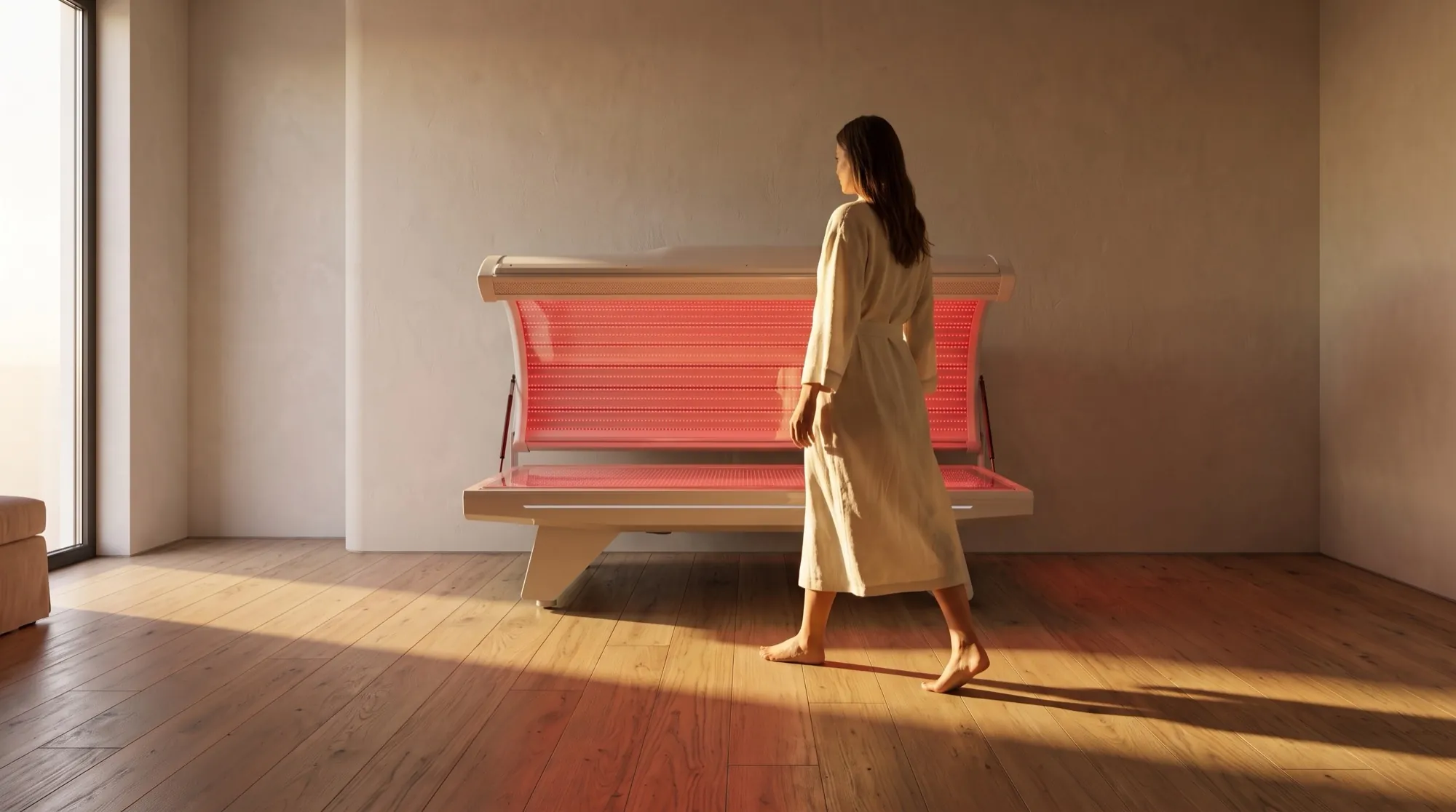A woman in a linen robe walking toward the lit bed at dawn, low sun across an oak floor.
