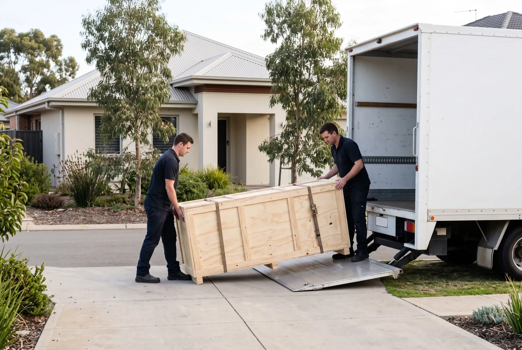 Two installers easing the crated bed down the tail-lift of a truck on a suburban driveway.