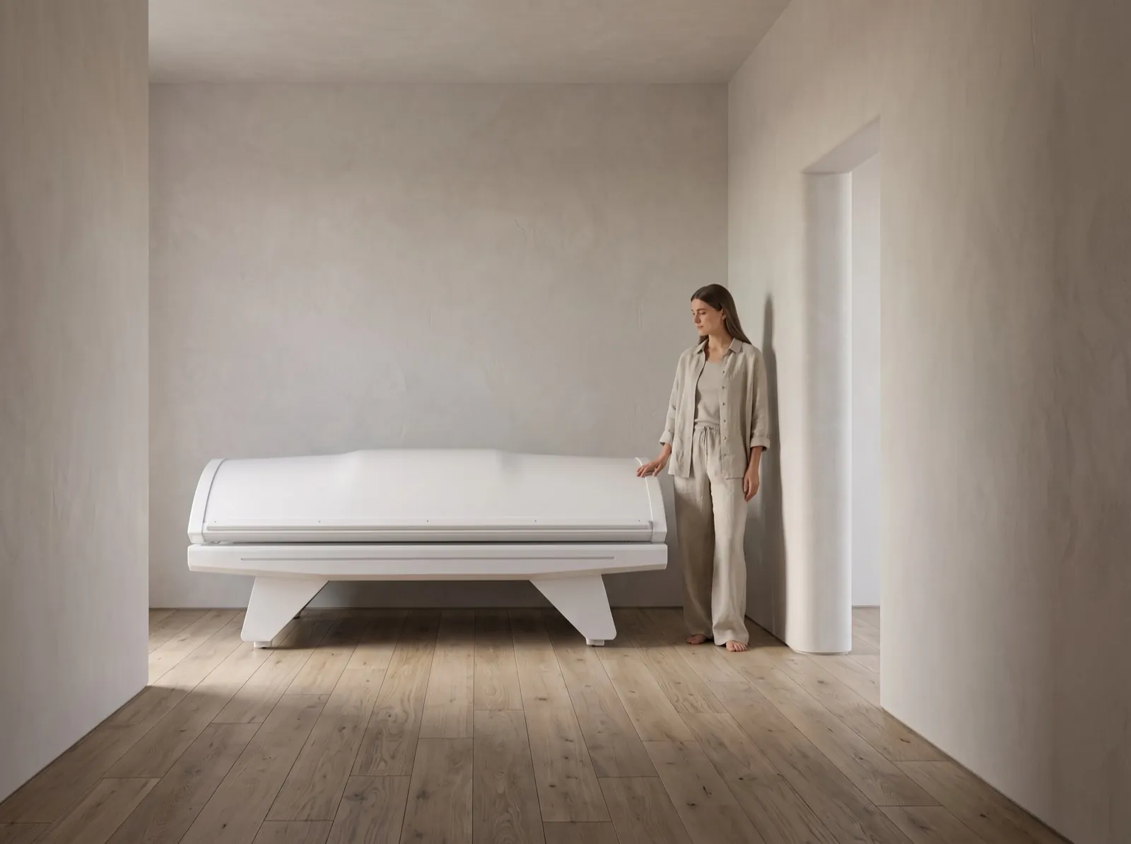 The bed closed, beside a standard internal doorway, with a woman standing next to it for scale.