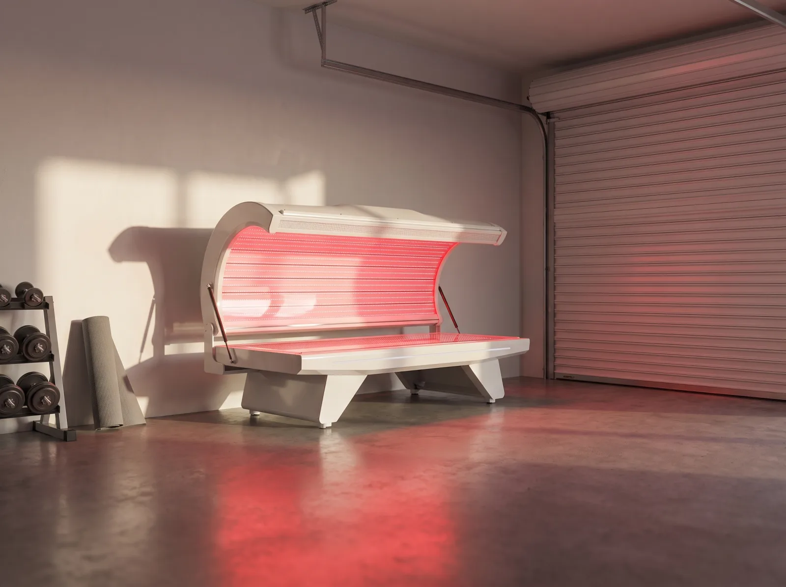 The bed open and lit in a converted garage, weights and a rolled mat to one side.