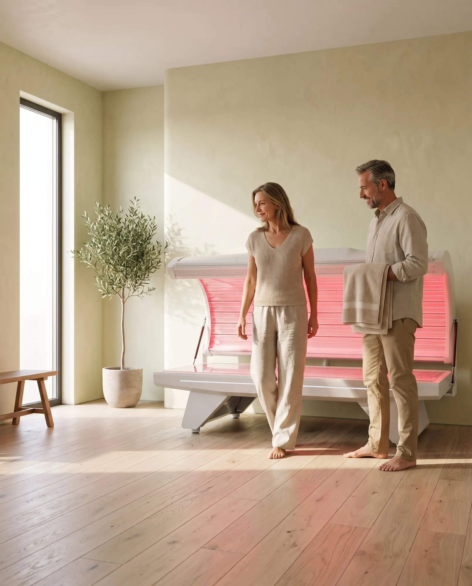 Two people in a plaster-walled room, one stepping out of the bed.