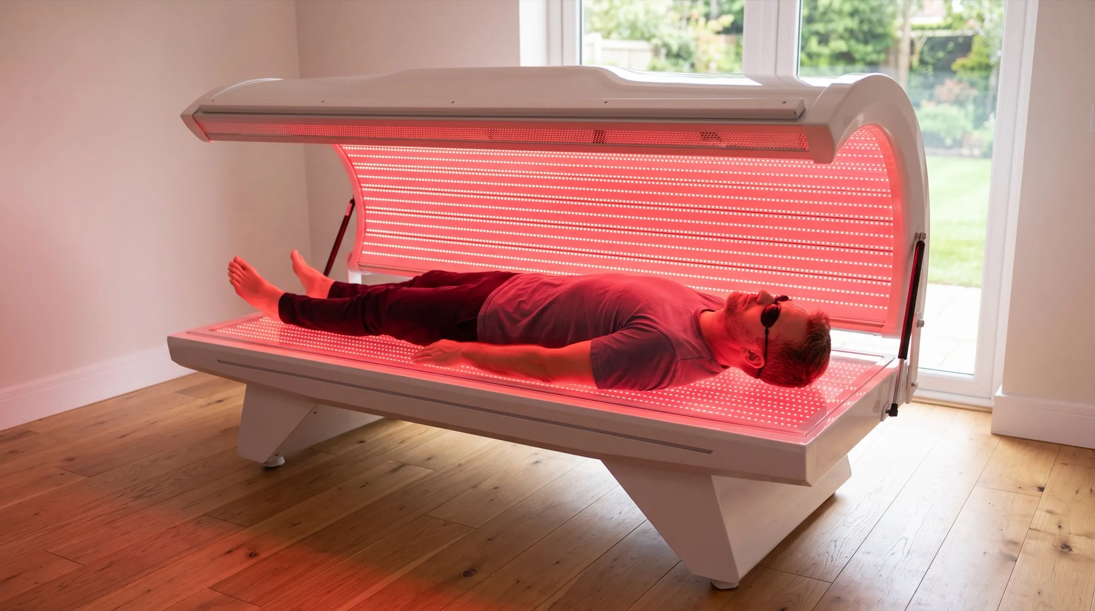 A man lying on the bed mid-session, both banks of panels lit.