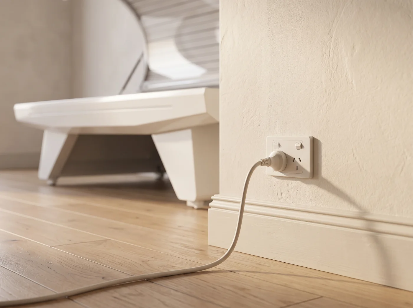 A hand pushing the plug into an ordinary Australian wall socket, skirting board visible.