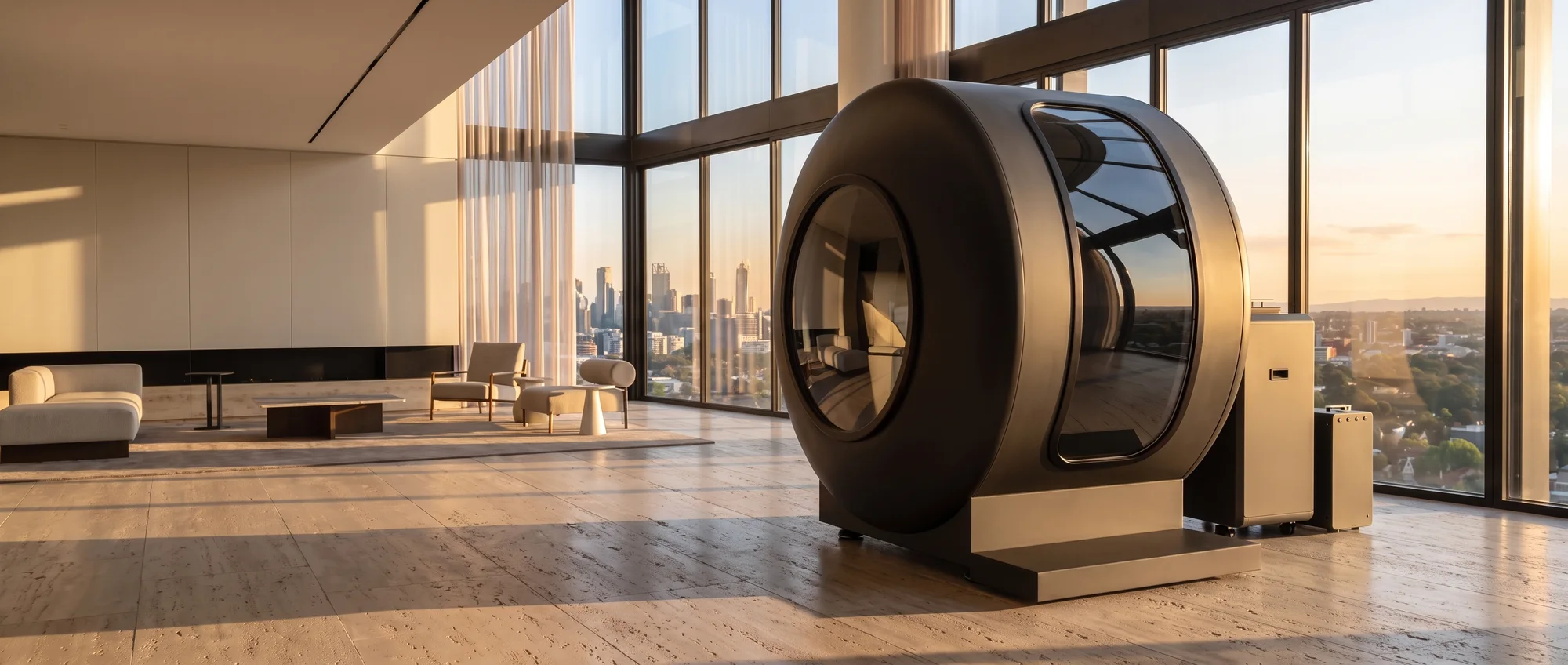 The Haven Sanctuary ring pod standing in an architectural living space at golden hour.