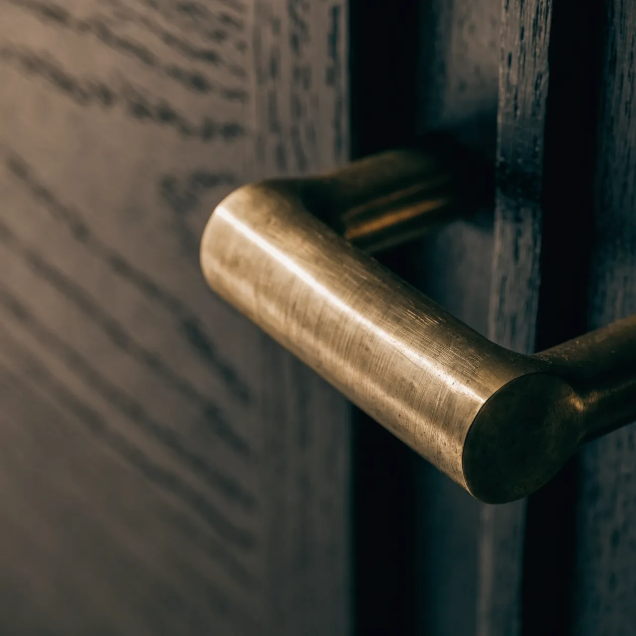 A solid brass handle on a dark timber sauna door