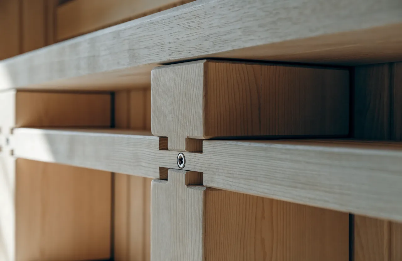 A machined joint where a sauna bench meets its frame