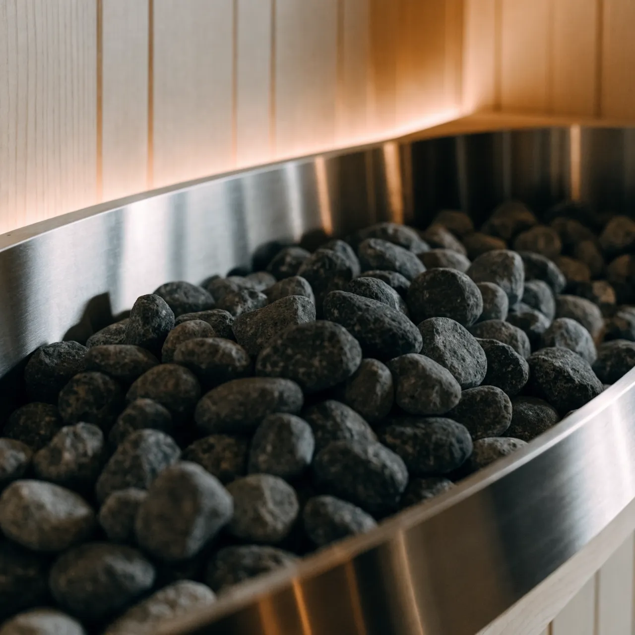 Olivine stones filling a stainless heater set into a timber wall