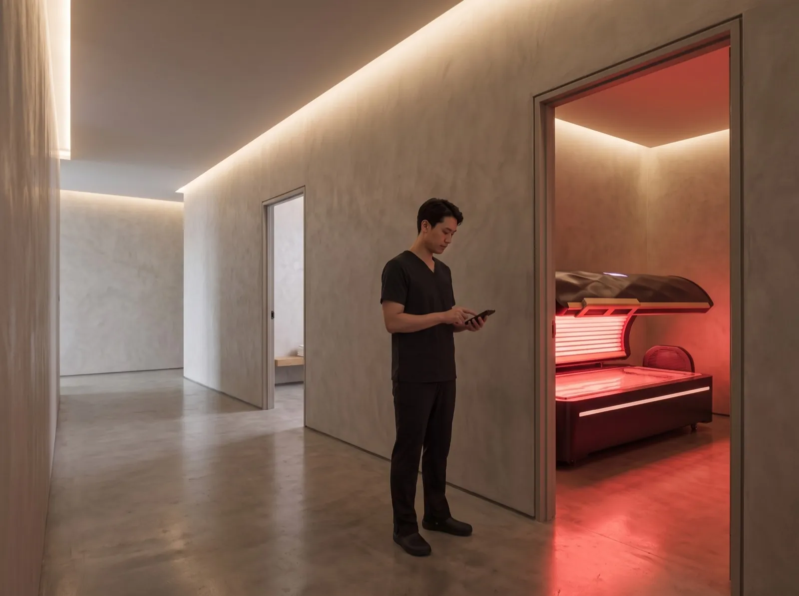 A clinician in the corridor holding the control pad, a lit treatment room through the doorway beyond.