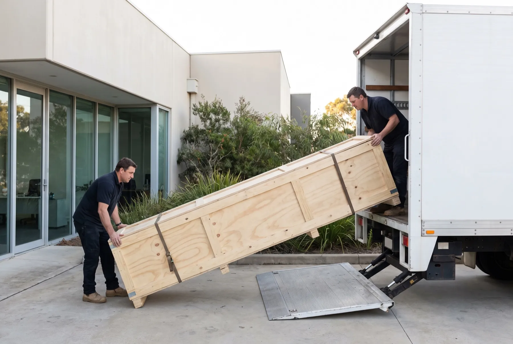 Two installers easing the crated bed down the tail-lift of a truck outside a commercial building.