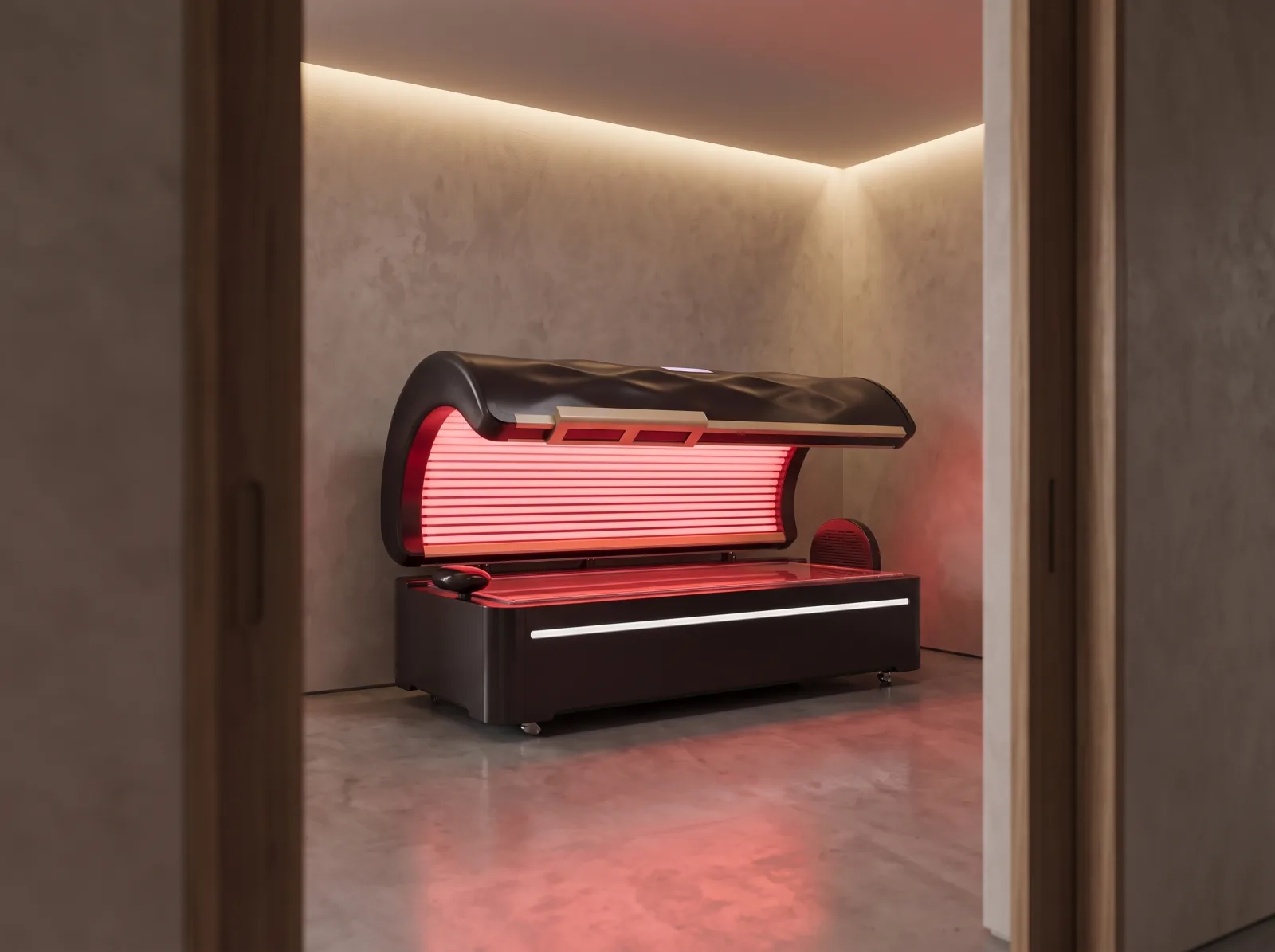 Looking into a treatment room from the doorway, the bed open and lit.