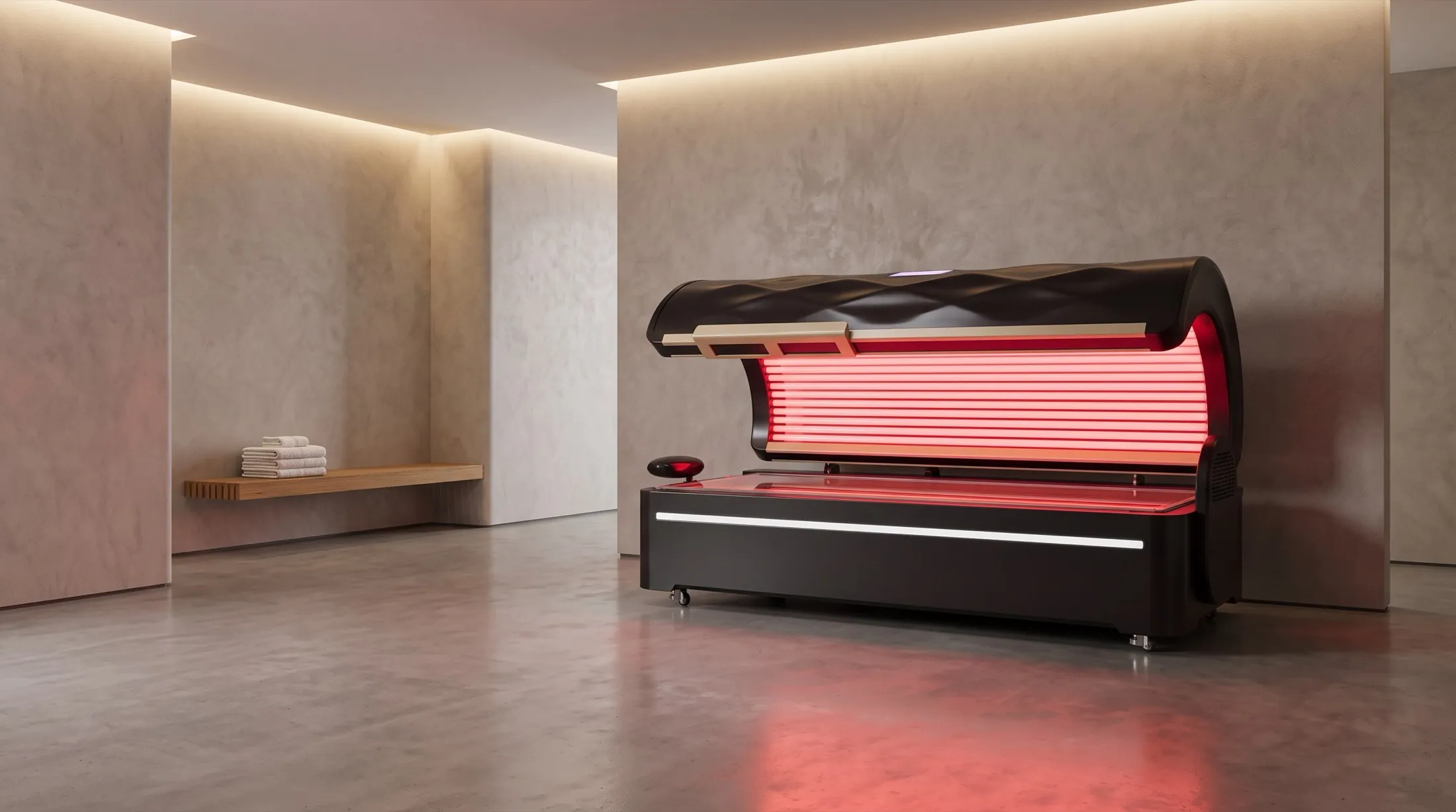 The Premium Bed in black, canopy open, in a clinic treatment room.