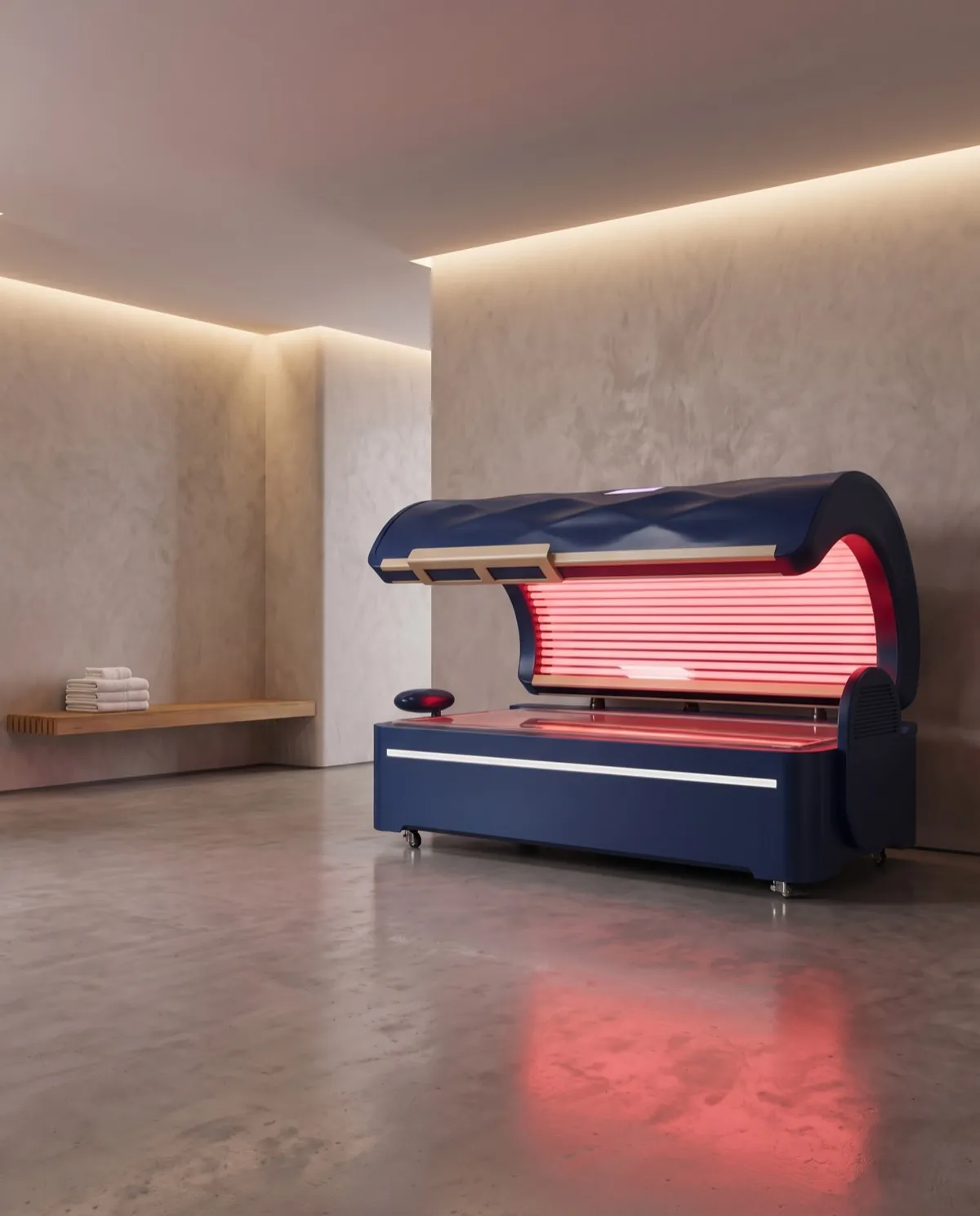 The Premium Bed in the navy finish, canopy open.