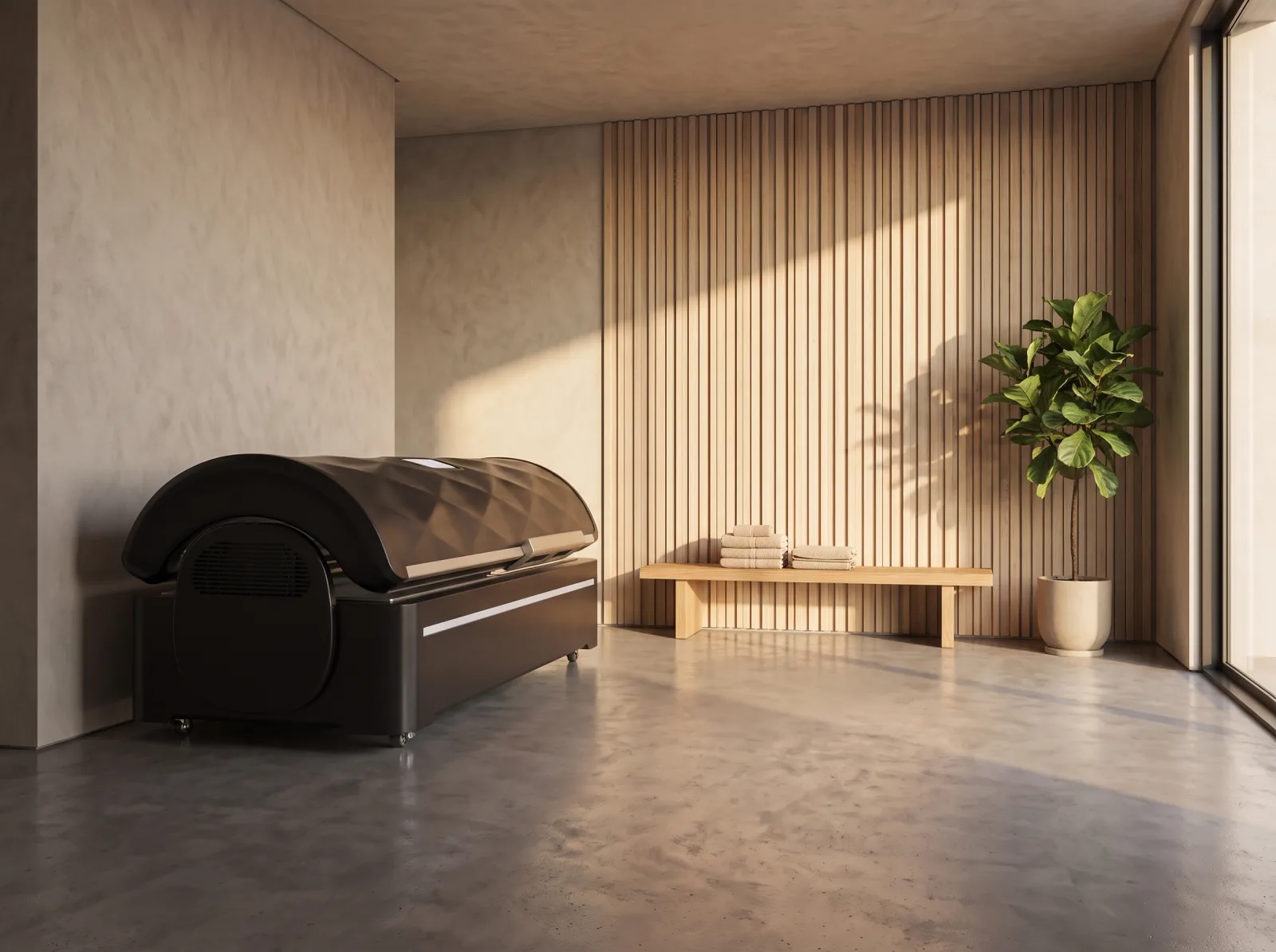 The bed closed in a studio reception, timber slat wall and folded towels.