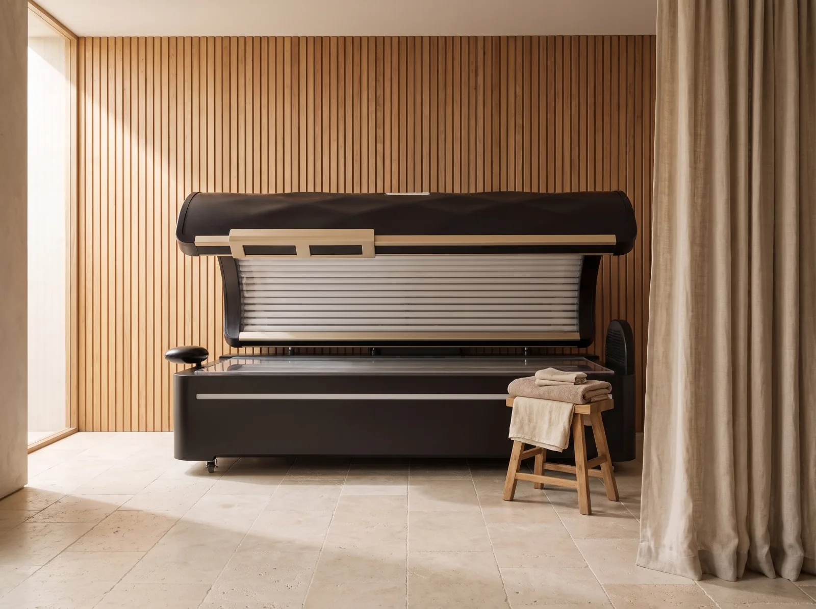 The bed open in a treatment room with a timber wall and limestone floor.