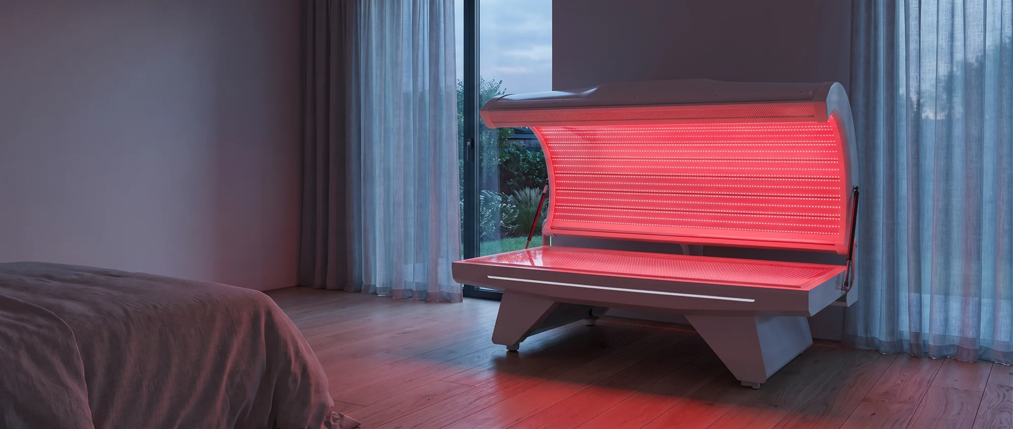 The Home Bed open and glowing red in a calm bedroom at dusk.