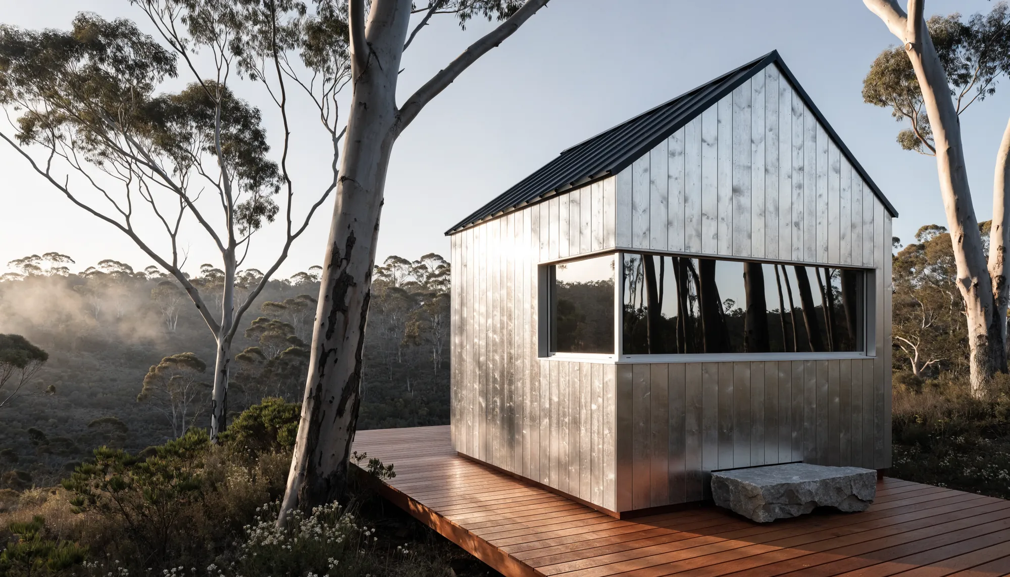 A silvered timber sauna in bushland