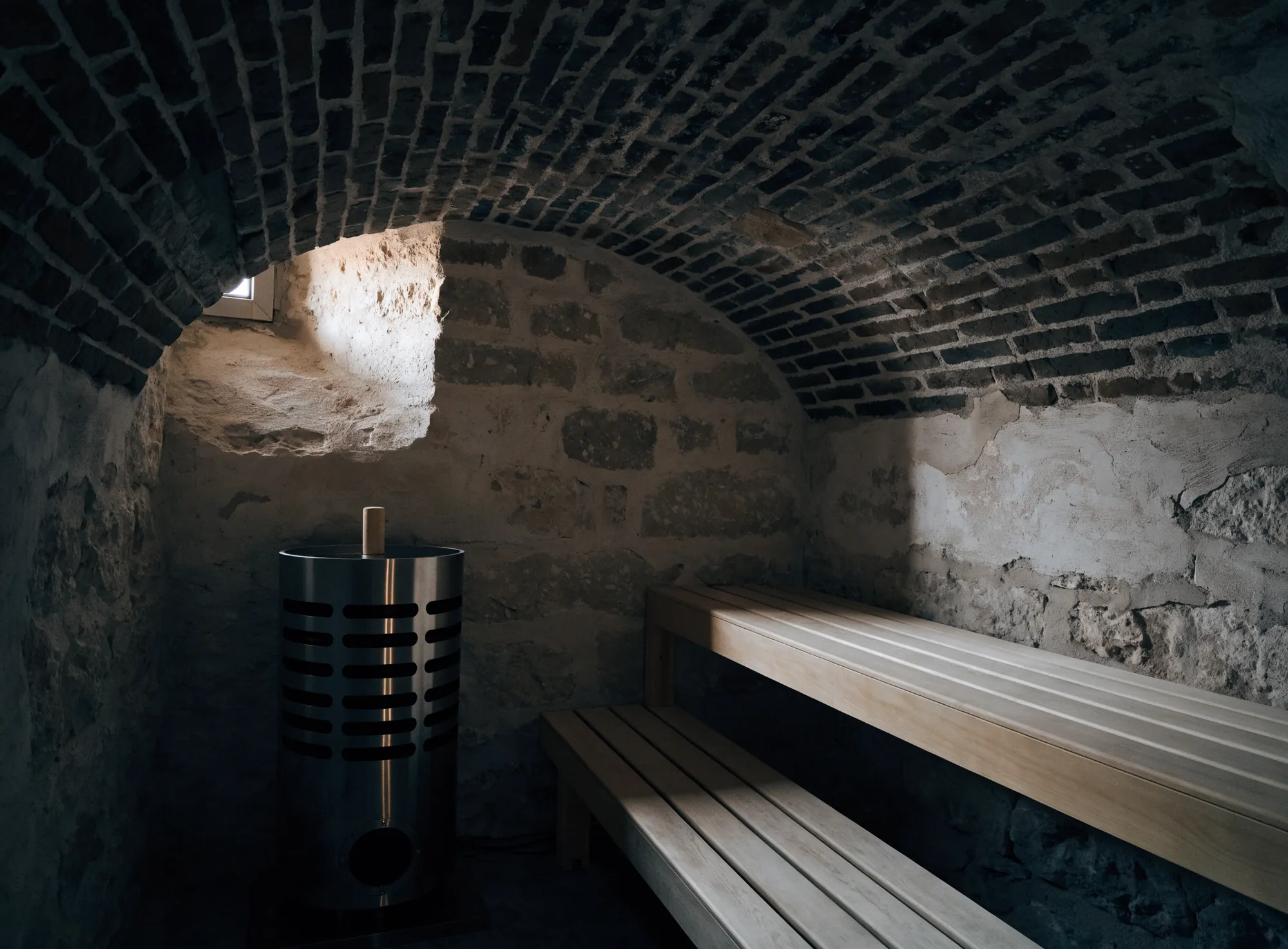 A sauna in a vaulted stone cellar
