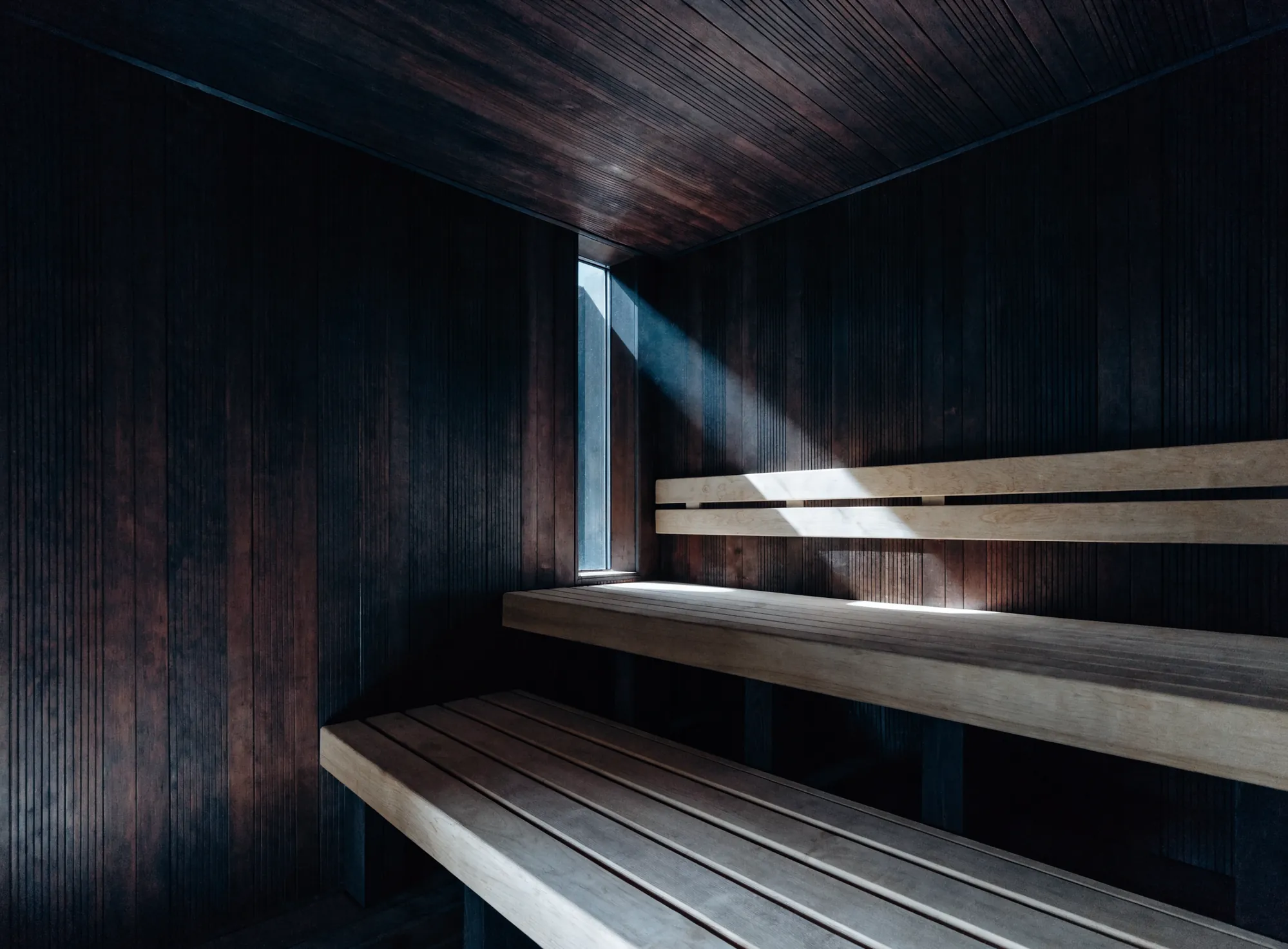 A dark timber sauna interior
