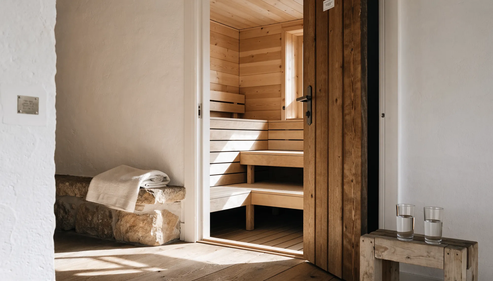 A sauna door standing open, linen and water on a stone bench