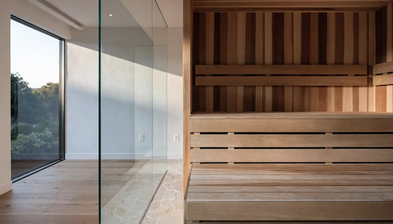 A custom sauna with a full-height glass wall.