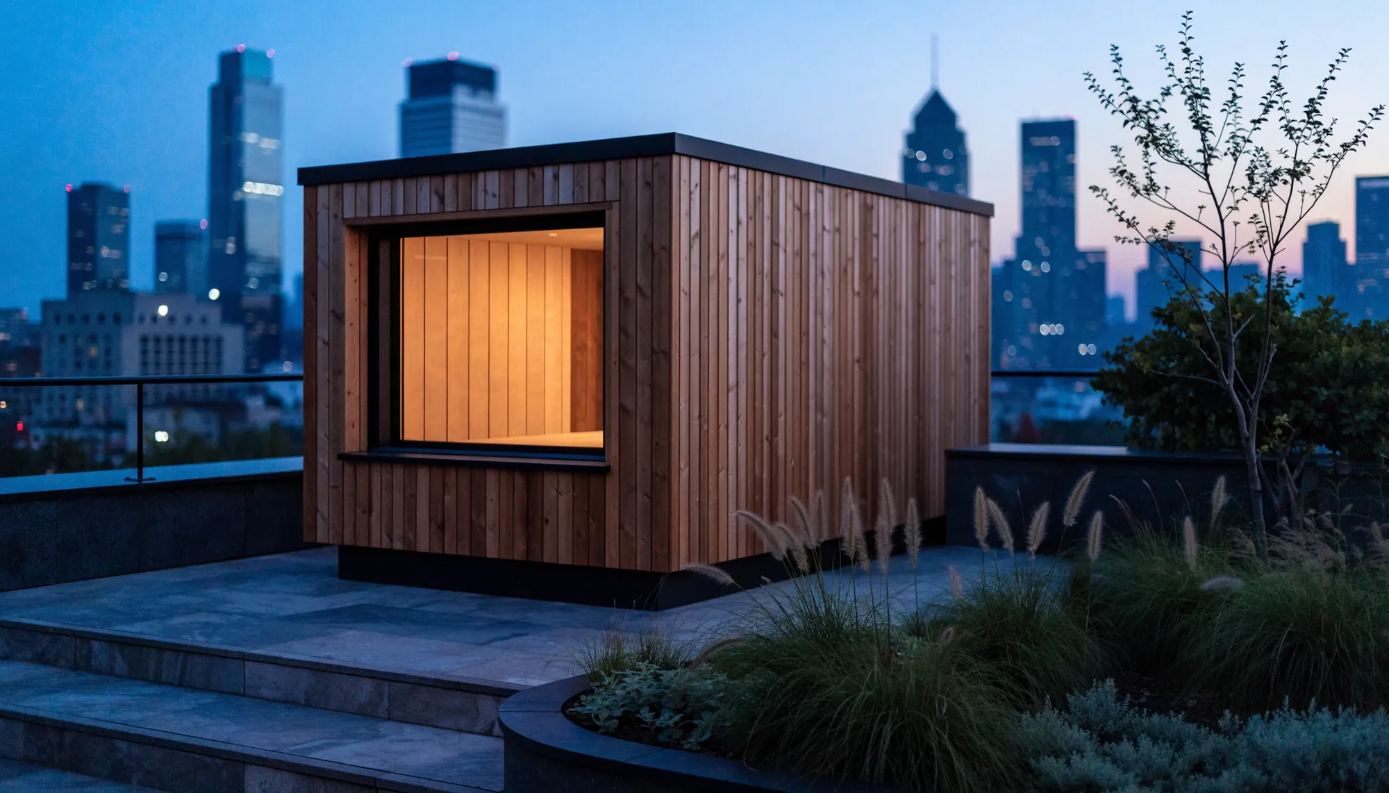 A timber sauna on a city rooftop