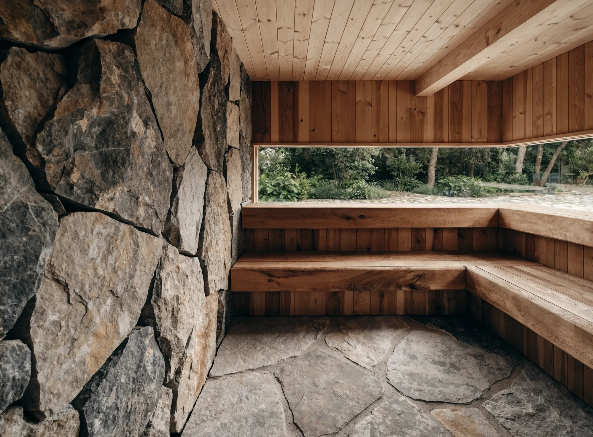 A sauna with one wall in split stone