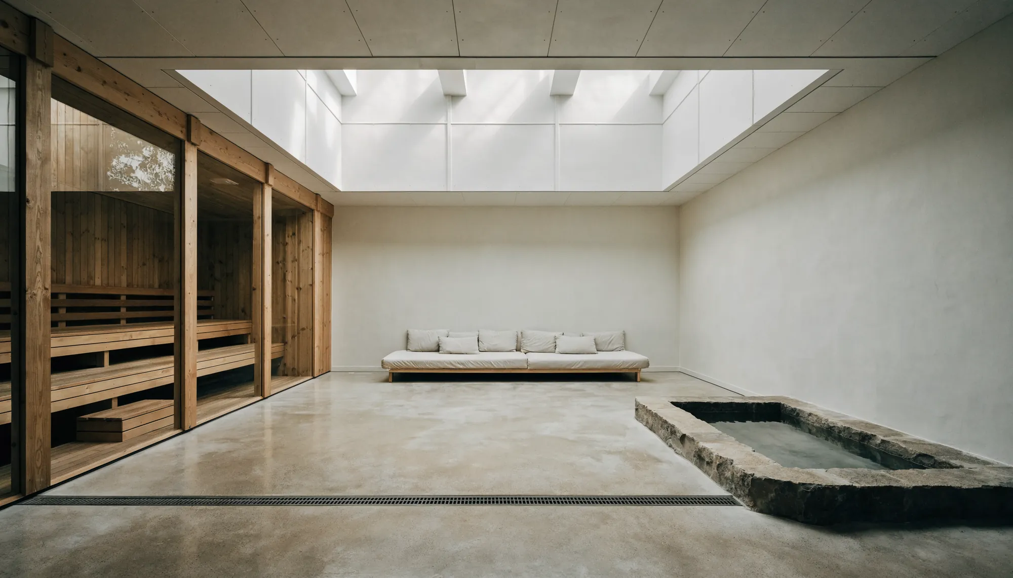 A wellness room with sauna, daybed and plunge