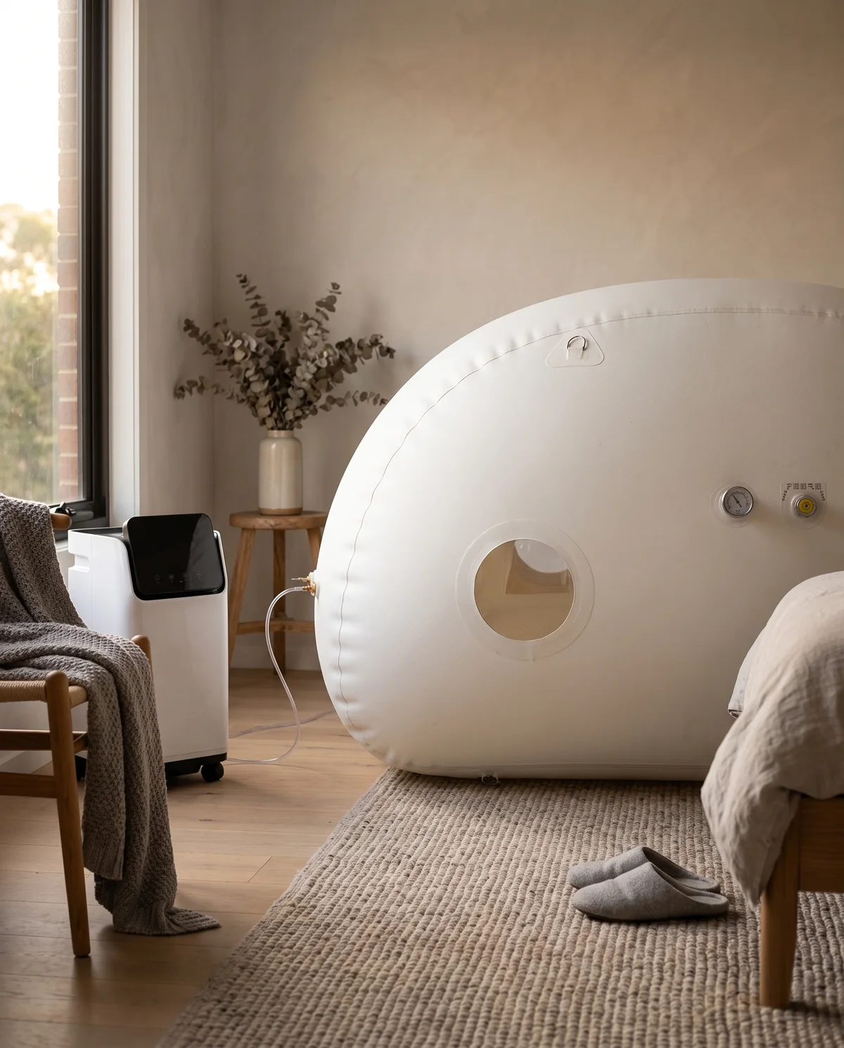 The Haven Air in a bedroom corner, oxygen line connected.