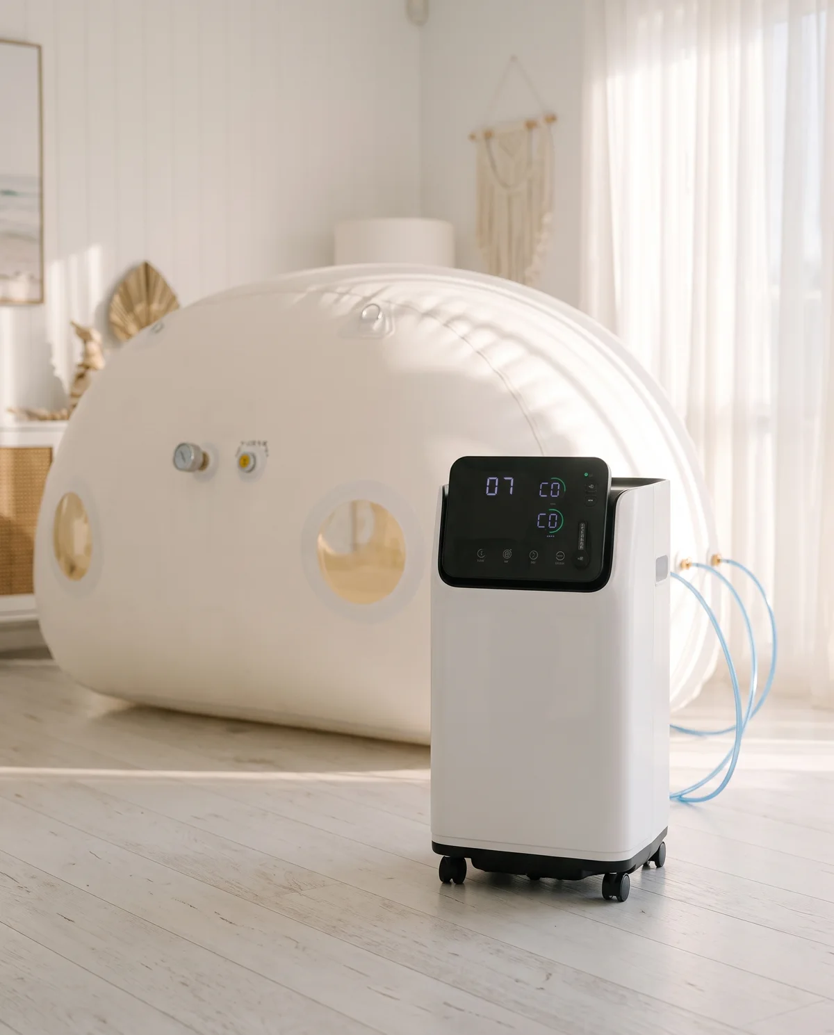 The oxygen generator connected beside the chamber.