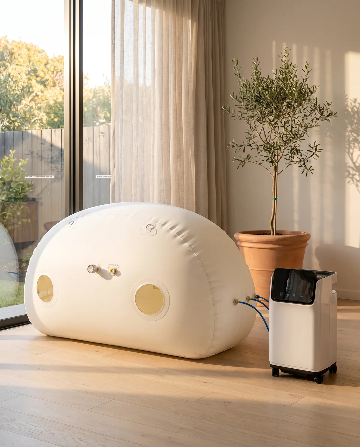 The Haven Air beside a garden window, oxygen generator at its foot.