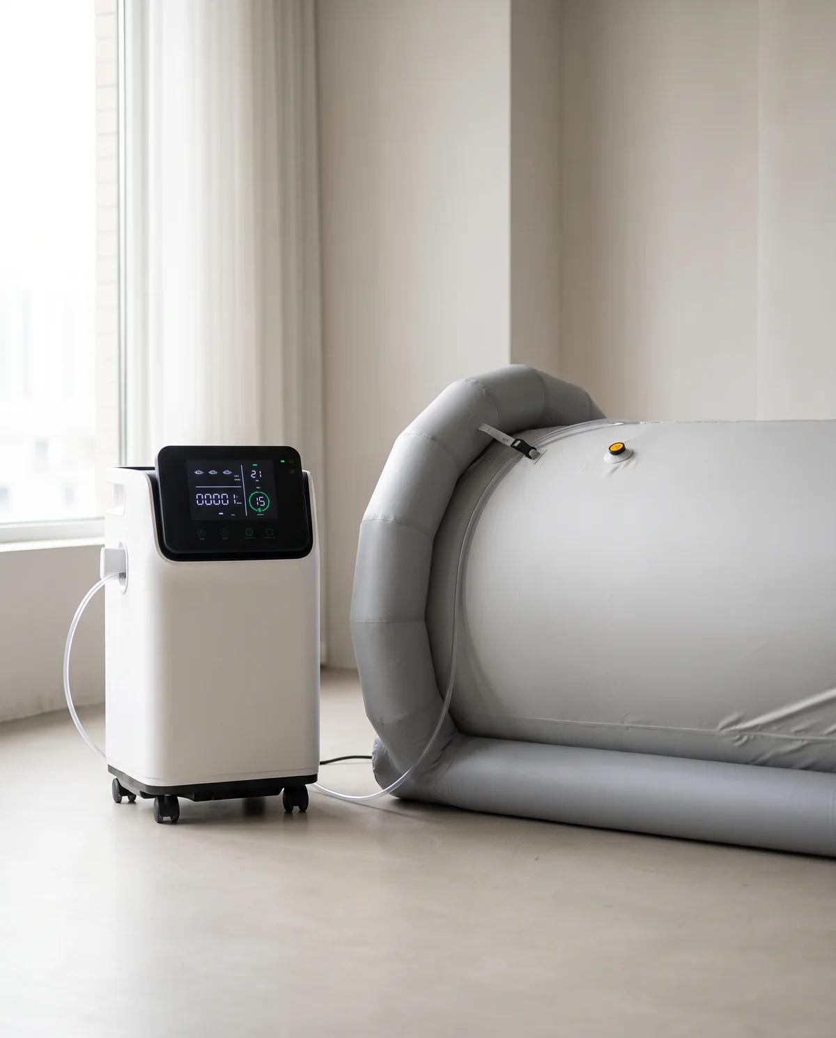 The oxygen generator connected to the chamber.