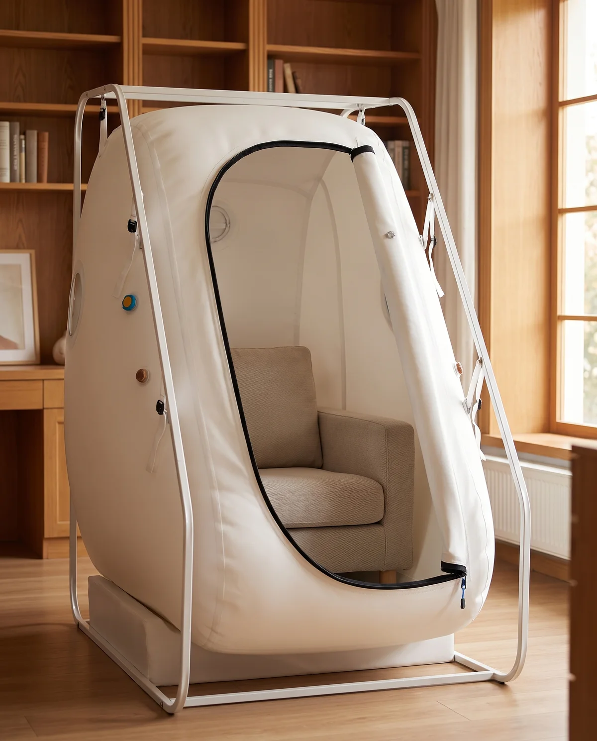 The Haven Rise with its zip door open, sofa seat inside.
